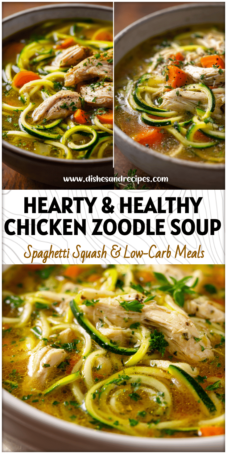 A bowl of Chicken Zoodle Soup with tender chicken and zucchini noodles, a fresh Homemade Chicken Soup Recipe.